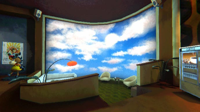 A shot of the ship's lounge, complete with a large projection of a blue sky.