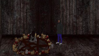 A man in a black hoodie stands over a bloody pentagram in New Life.