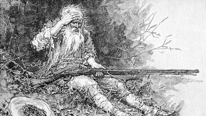 An old man sits in some brambles, holding a long rifle. His hat is next to him and he holds his hand to his brow, as if confused.