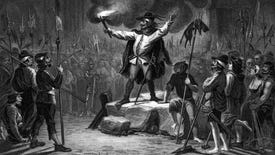 An old black and white vintage illustration of a man holding a torch amongst a group of vagabonds armed with halberds.