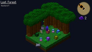 A wizard in a purple gown and hat avoid slimes in a forest in Oolo.