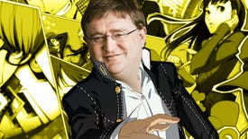 The Persona 4 Golden protagonist standing in front of a yellow background showing a number of different characters from the game, but he has the face of Gabe Newell