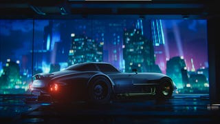 A car sits in front of a window showing a neon-lit city in the animated Screamer trailer.