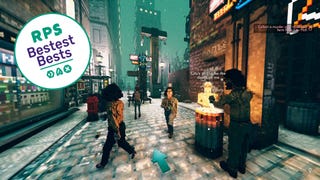 People walk the streets and warm themselves by a fire in Shadows Of Doubt. A "bestest best" sticker badge has been awarded to the game.