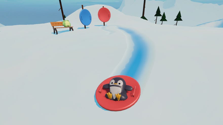 A penguin sleds down a snowy hill while a frog sits on a bench in the background.