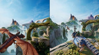 A split-screen view of a fantasy world, with two players both on dragons.