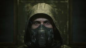 A masked stalker stares ahead in a S.T.A.L.K.E.R. 2: Heart of Chornobyl cutscene.