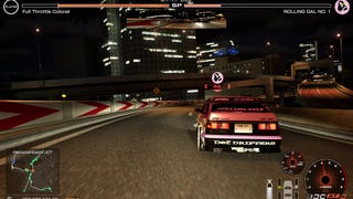 A decal-covered car takes a corner on the expressway in Tokyo Xtreme Racer.