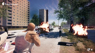 A bald man in a vest shoots up a street with a grenade launcher in Vivat Slovakia.