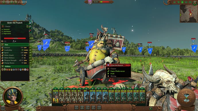 A large goblin rides a chariot into battle in Total War Warhammer 3.